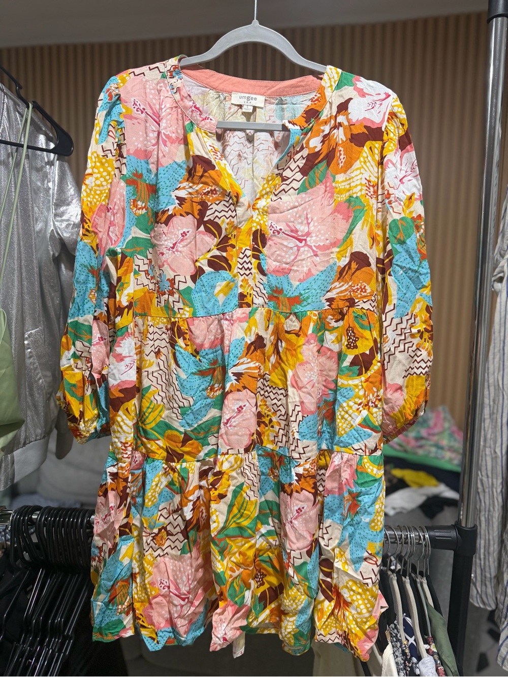 Umgee Multicolor Floral Patchwork Tiered Dress - Pink, Turquoise, Mustard L #205